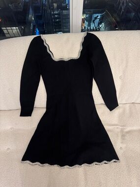 Black Long-Sleeve Knit Dress with Rhinestone-Trimmed Square Neck